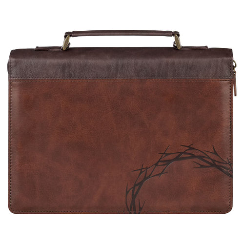Brown faux leather Bible cover with crown of thorns design and espresso brown handle with brass hardware
