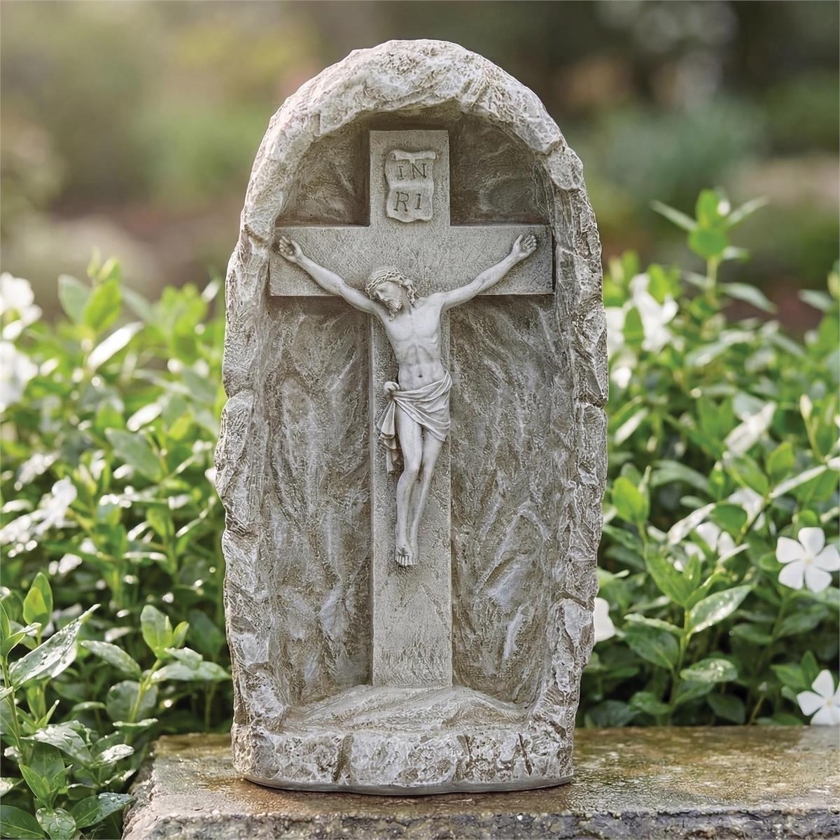 Crucifix in a Grotto Outdoor Garden Statue 19" - JMJs Catholic Store, Inc