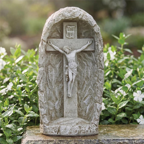Crucifix in a Grotto Outdoor Garden Statue 19" - JMJs Catholic Store, Inc