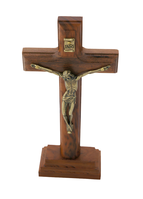 Brazilian wood wall crucifix with gold corpus, INRI plaque, and removable stand on solid wood base
