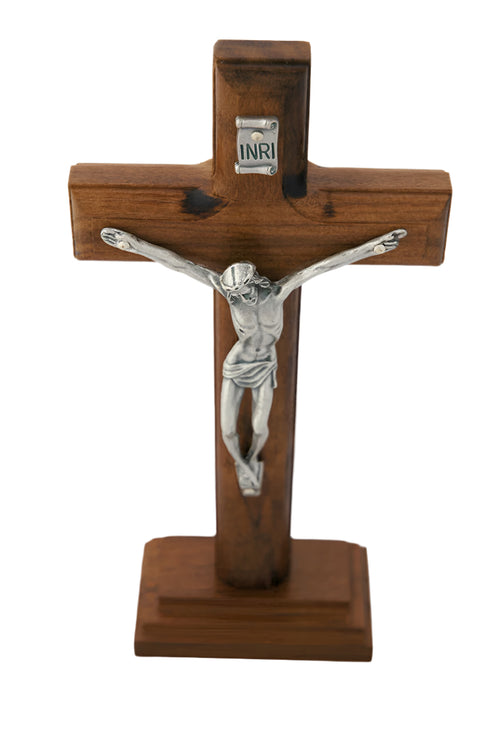 Brazilian wood wall crucifix with detailed silver corpus and removable stand for tabletop or wall display