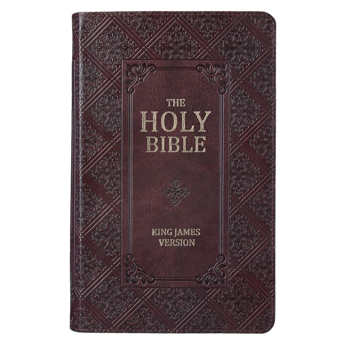 Dark brown faux leather King James Version Bible with giant print, embossed cover, and standard-sized format with thumb index
