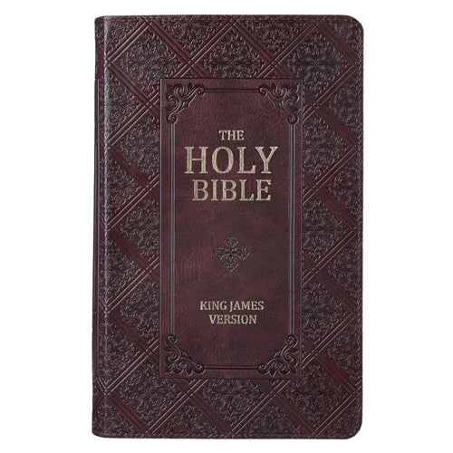 Dark brown faux leather King James Version Bible with giant print, embossed cover, and standard-sized format with thumb index