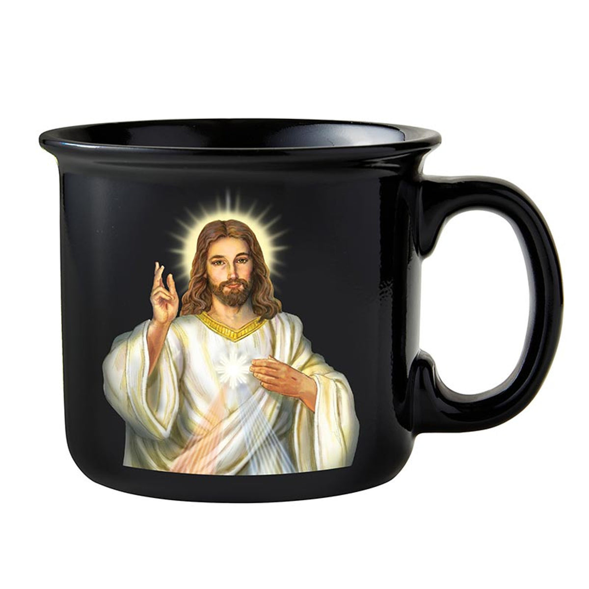 Black Divine Mercy Gift Mug featuring radiant image of Jesus with glowing halo and white robes by Michael Ada