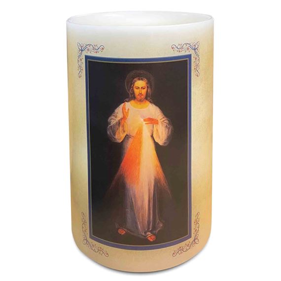 Divine Mercy LED candle 6 inch with original Eugene Kazimirowski image and decorative border design