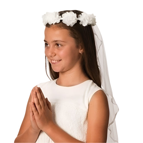 Young girl wearing Emily First Communion Veil 30"L with white floral tiara and lace embroidered veil
