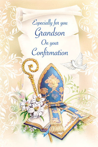 Confirmation greeting card for grandson with gold foil details, bishop's staff, lilies, open Bible, and white dove illustration