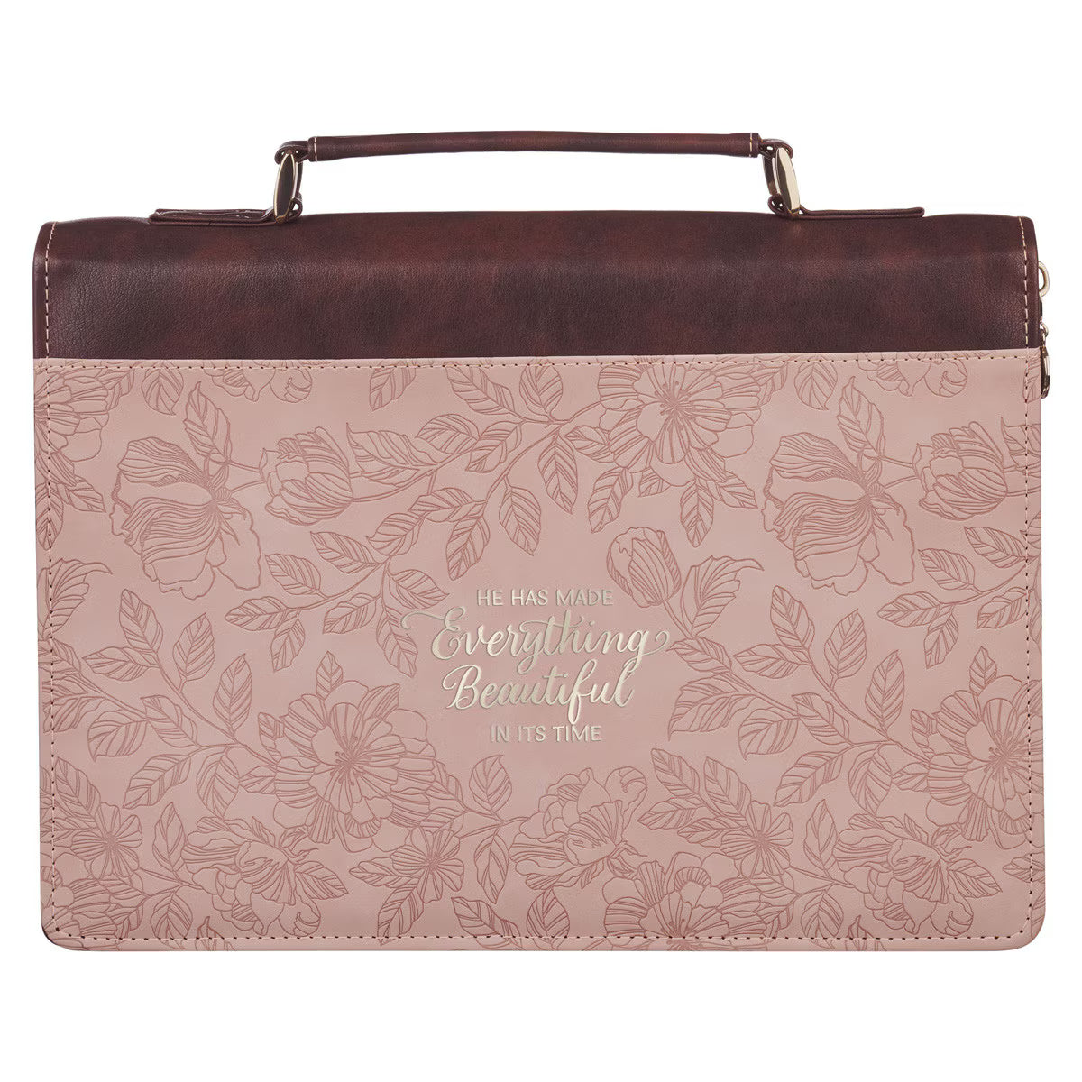 Blush floral faux leather Bible cover with brown handle and Ecclesiastes 3:11 inspirational quote embossed