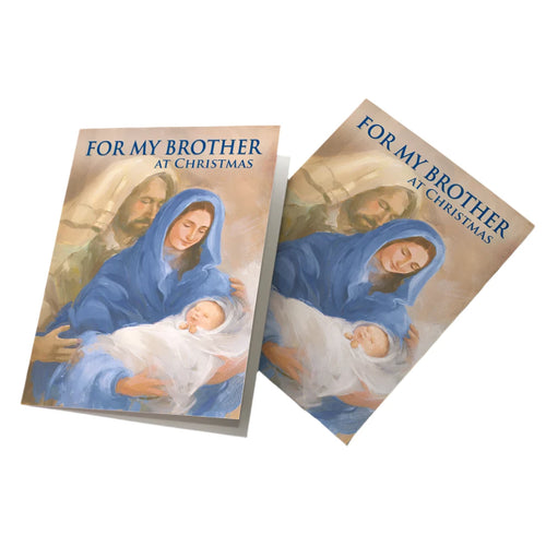 Christmas card for brother featuring a soft nativity scene with Mary, Joseph, and baby Jesus in warm tones.