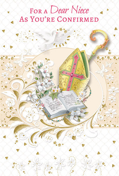 For a Dear Niece as You're Confirmed greeting card with gold foil, bishop's staff, Bible, lilies, and dove design