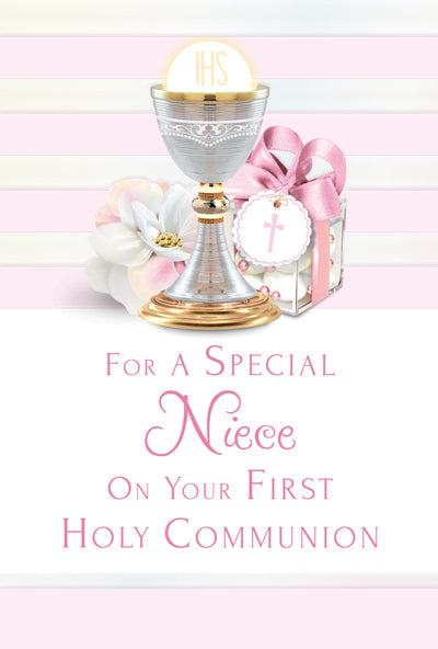 First Holy Communion greeting card for a special niece with chalice, host, and pink floral gift box design