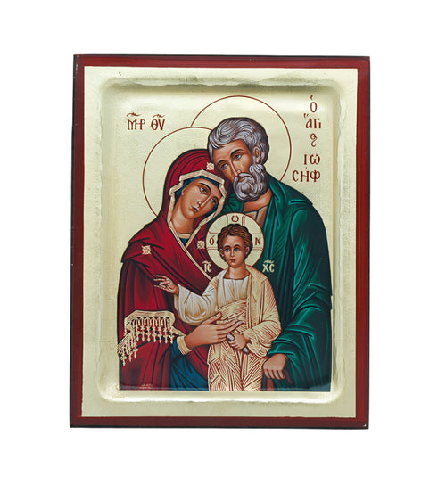 Greek hand-painted serigraph of the Holy Family with vibrant colors and detailed traditional iconography, 4x5-inch size.