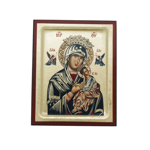 Greek hand-painted serigraph of Perpetual Help with intricate religious iconography on 4x5 inch decorative panel