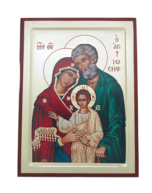 Greek hand-painted serigraph icon depicting the Holy Family with intricate traditional details and vibrant colors in a wooden frame