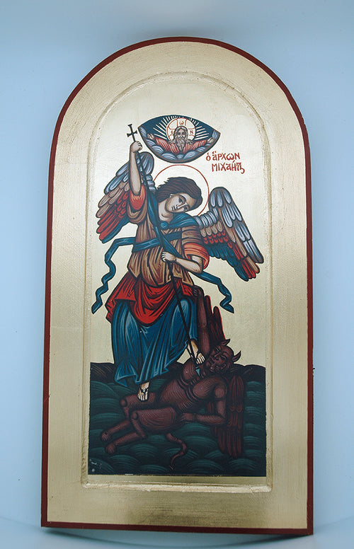 Hand painted Greek icon serigraph of Archangel Michael defeating Satan with gold leaf background and red border frame