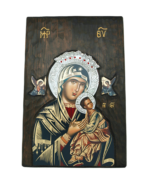 Hand painted serigraph of Madonna and Child on antique wood with gold leaf and silver inlay detailing
