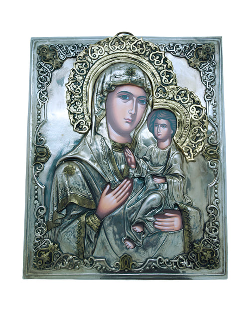 Polish hand-painted serigraph of Perpetual Help with intricate silver overlay and detailed religious iconography