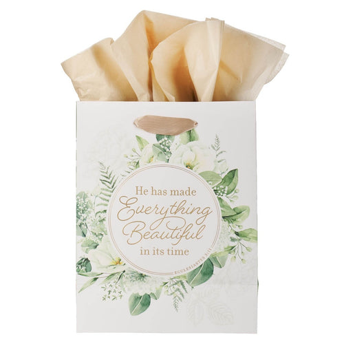 Medium gift bag with green wreath design featuring Ecclesiastes 3:11 scripture and beige tissue paper inside