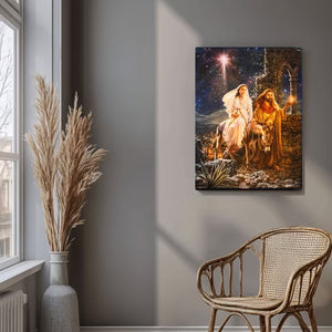 Illuminated 18" x 24" canvas print of Mary and Joseph's journey to Bethlehem with glowing star and night sky