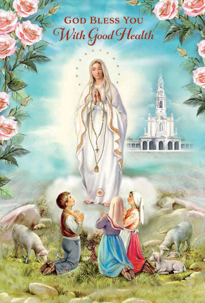 4 5/8" x 6 3/4" Lady of Fatima greeting card with gold foil, embossed design, children praying, and floral border