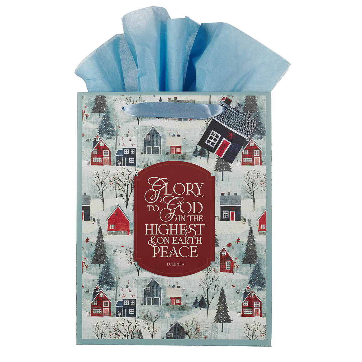 Christmas gift bag with winter village scene and "Glory to God in the Highest" Luke 2:14 scripture in red panel