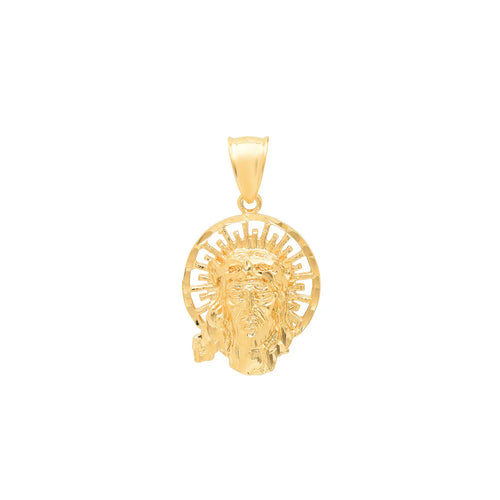 1 1/4" gold plated bronze pendant featuring the Holy Face of Jesus with detailed halo design on white background