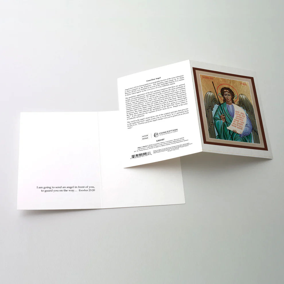 Guardian Angel Icon Greeting Card 4 3/8" x 5 15/16" with detailed angel artwork and Exodus 23:20a scripture inside
