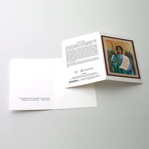 Guardian Angel Icon Greeting Card 4 3/8" x 5 15/16" with detailed angel artwork and Exodus 23:20a scripture inside