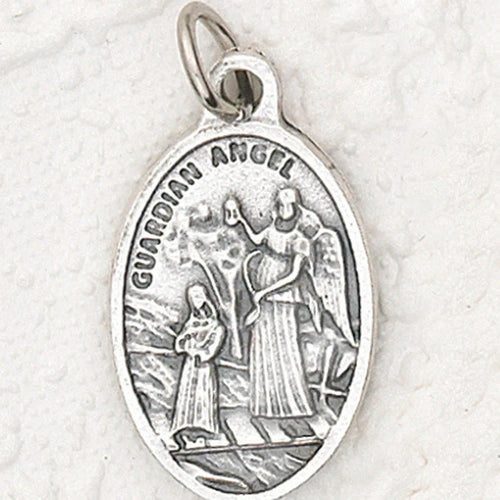 1" Guardian Angel Pray for Us silver tone Oxi medal with detailed figures, made in Italy