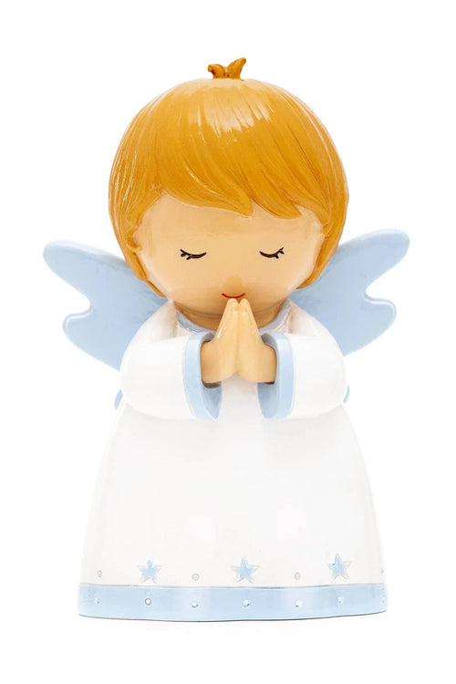 3.5" Guardian Angel figurine for boys with praying hands, blue wings, and white gown with star details