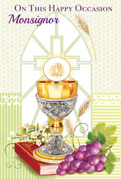 4 5/8" x 6 3/4" Monsignor greeting card with gold foil chalice, host, grapes, wheat, and floral design