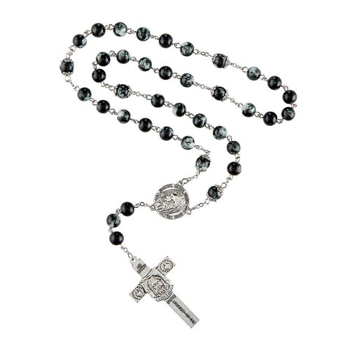 Holy Face Chaplet with marbled black glass beads, silver Medal of the Holy Face centerpiece, and detailed crucifix.