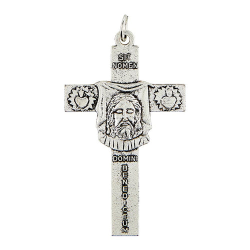 Holy Face Crucifix Medal 2 1/4" with Shroud of Turin face, Sacred and Immaculate Hearts, and Latin inscription detailing.