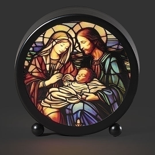 4 1/2" Holy Family stained glass style lighted tabletop plaque with round glass and metal frame
