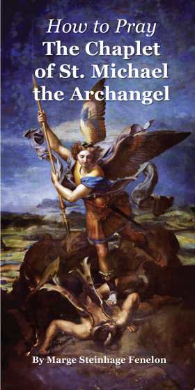 Pamphlet cover showing St. Michael the Archangel defeating Satan with heavenly clouds background