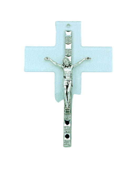 8" genuine Murano glass crucifix with clear cross and silver-tone figure adorned with sparkling crystals