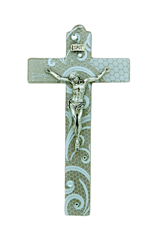6-inch genuine Murano glass crucifix beige with white swirls, silver-toned detailed corpus, handcrafted artisan design
