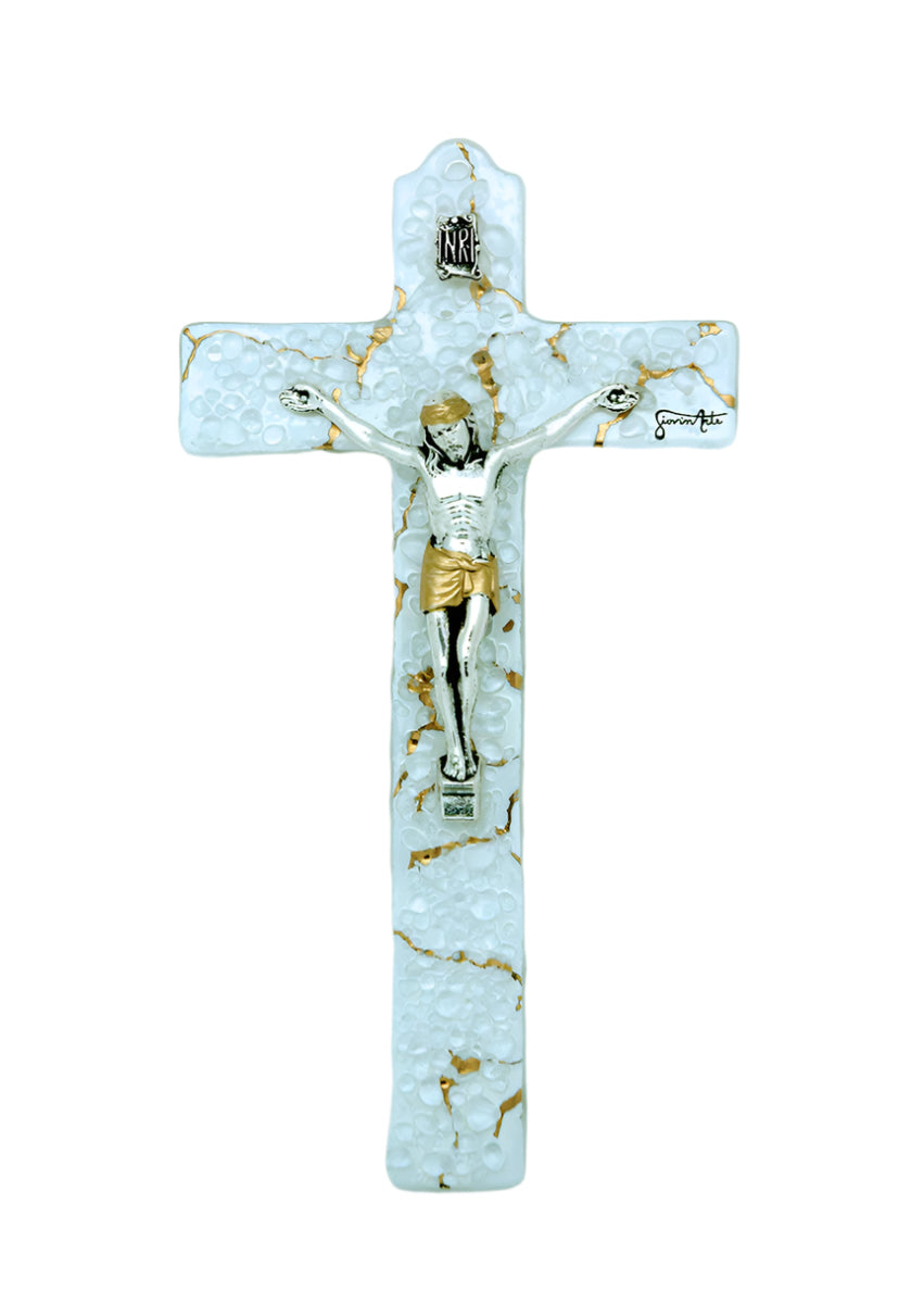 6.5" Genuine Murano glass crucifix with clear pebbled design and silver-gold figure of Christ hand-crafted in Italy