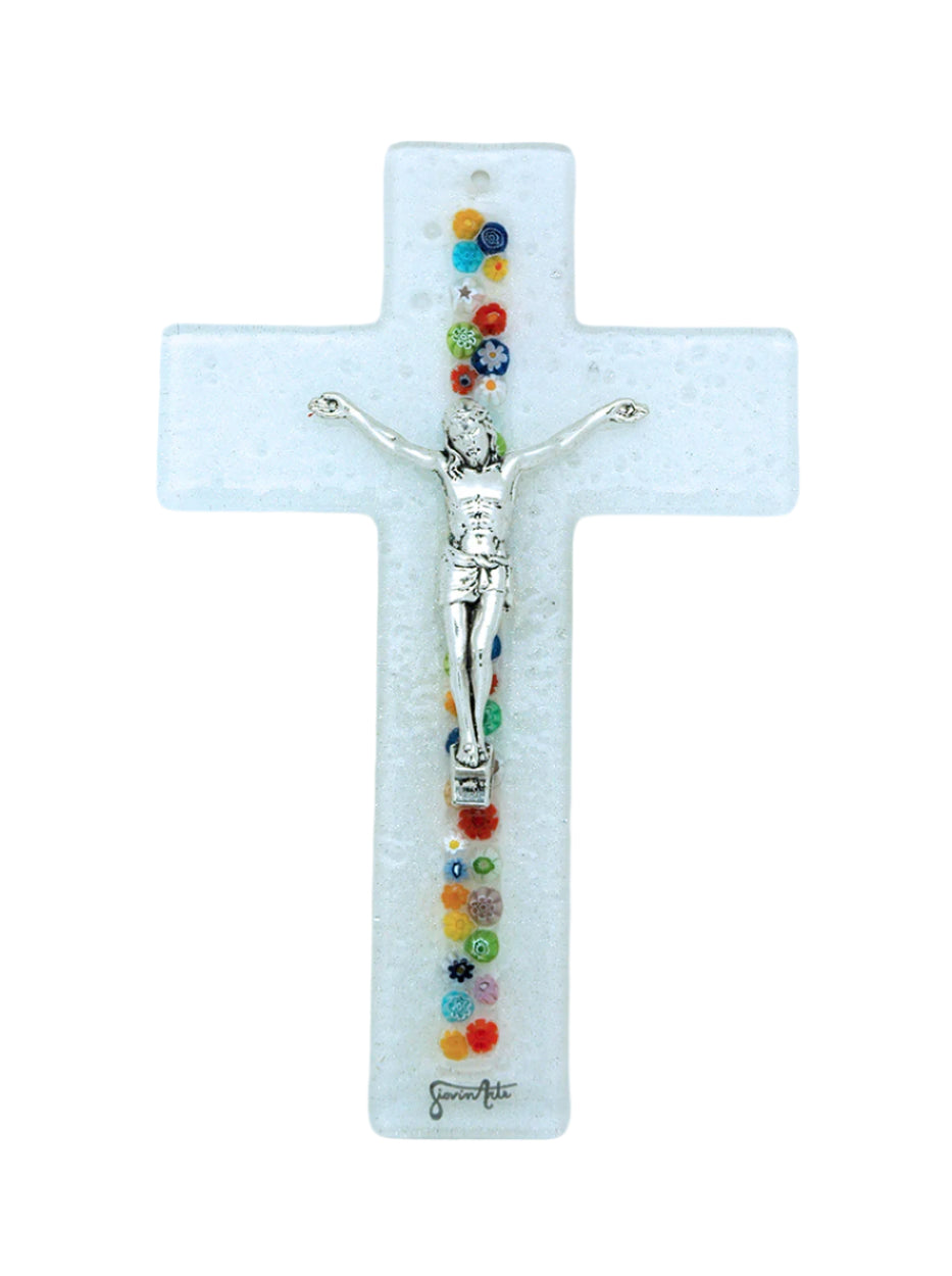 8" Murano glass crucifix with silver Christ figure and colorful floral center design, handcrafted artisan piece