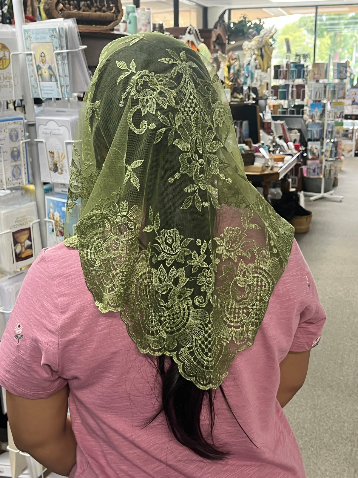 Olive Green Eva Lace Mantilla Chapel Spanish Veil 51" - JMJs Catholic Store, Inc