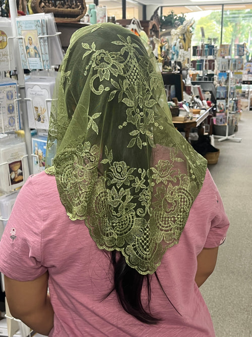 Olive Green Eva Lace Mantilla Chapel Spanish Veil 51" - JMJs Catholic Store, Inc