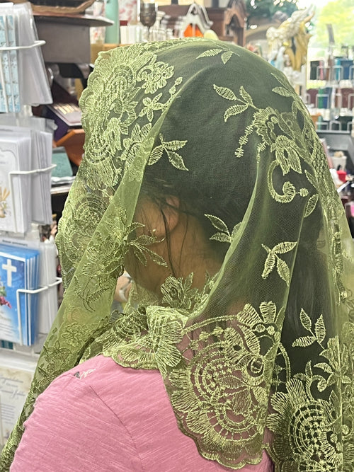 Olive Green Eva Lace Mantilla Chapel Spanish Veil 51" - JMJs Catholic Store, Inc
