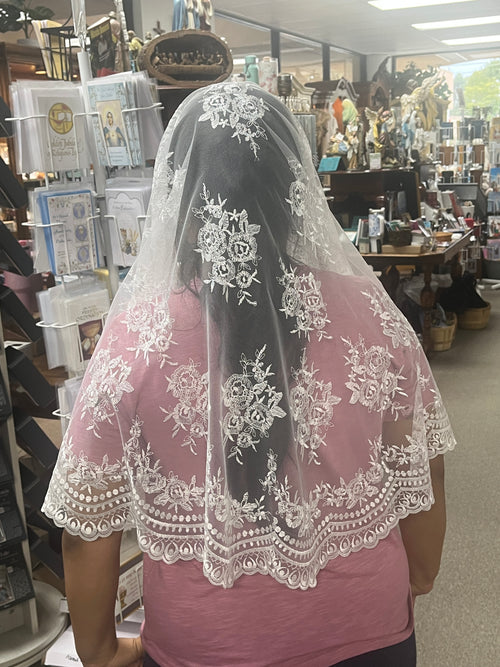 White Isabella Half Circle Lace Mantilla Spanish Veil 61" - JMJs Catholic Store, Inc
