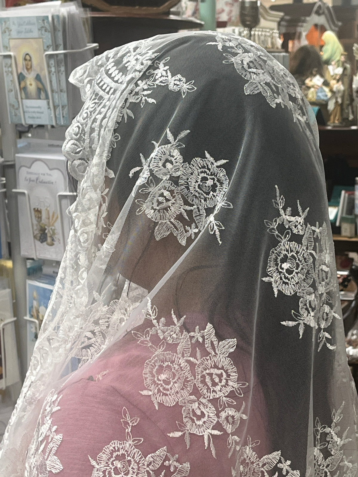 White Isabella Half Circle Lace Mantilla Spanish Veil 61" - JMJs Catholic Store, Inc