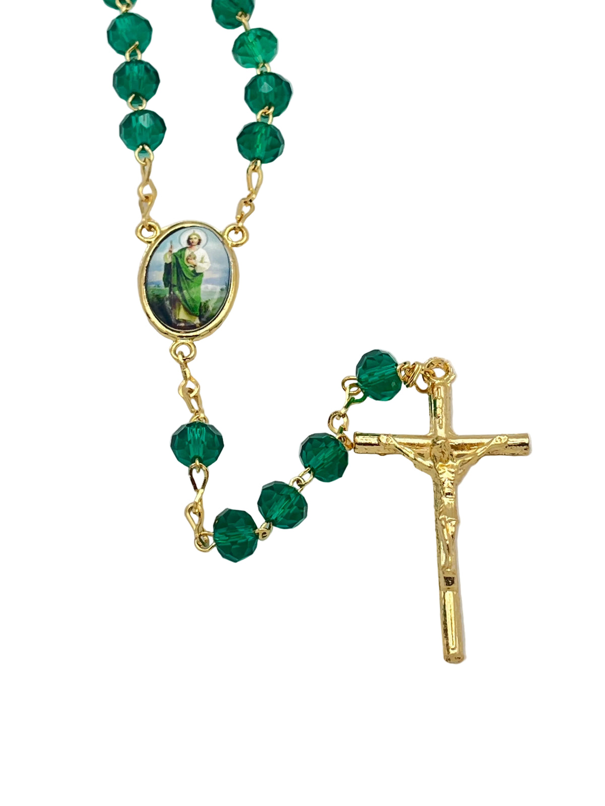 St. Jude Dark Green Crystal and Gold Rosary with Papal Crucifix - JMJs Catholic Store, Inc