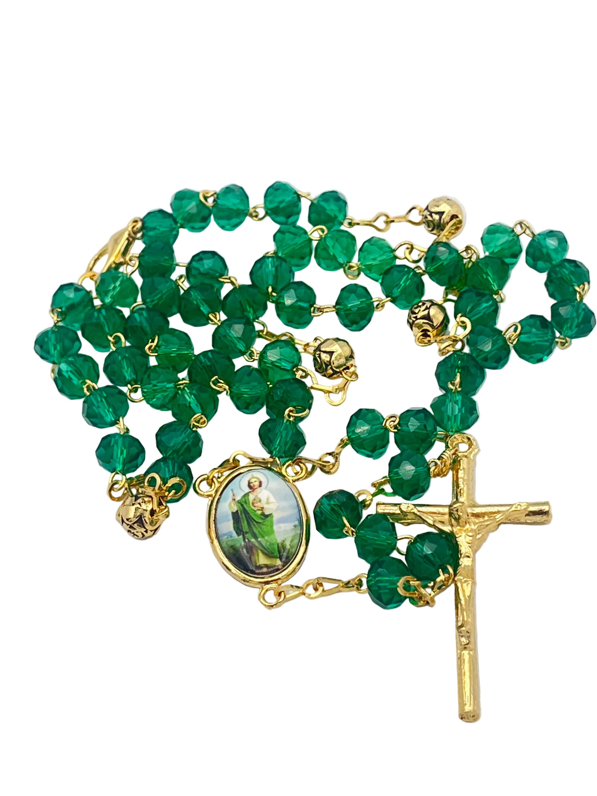 St. Jude Dark Green Crystal and Gold Rosary with Papal Crucifix - JMJs Catholic Store, Inc