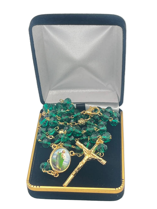 St. Jude Dark Green Crystal and Gold Rosary with Papal Crucifix - JMJs Catholic Store, Inc