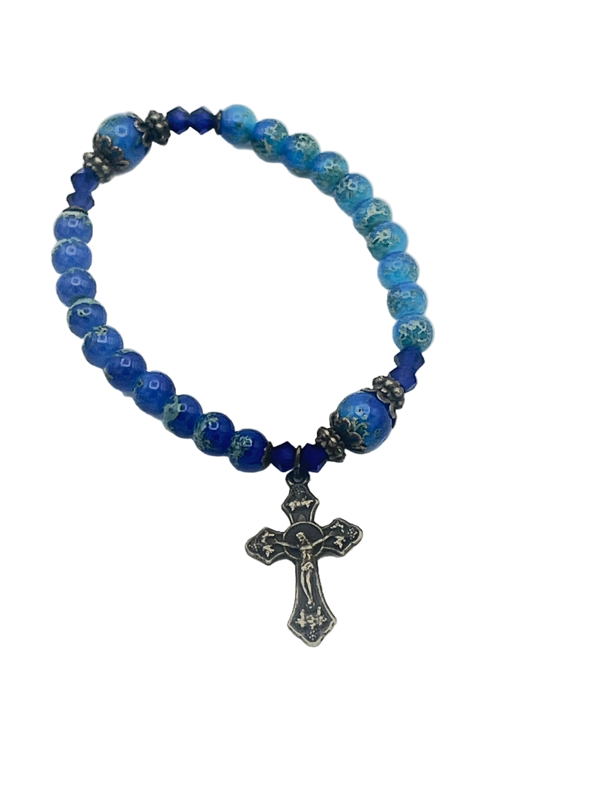 Blue Marble and Glass Antique Crucifix Stretch Bracelet - JMJs Catholic Store, Inc