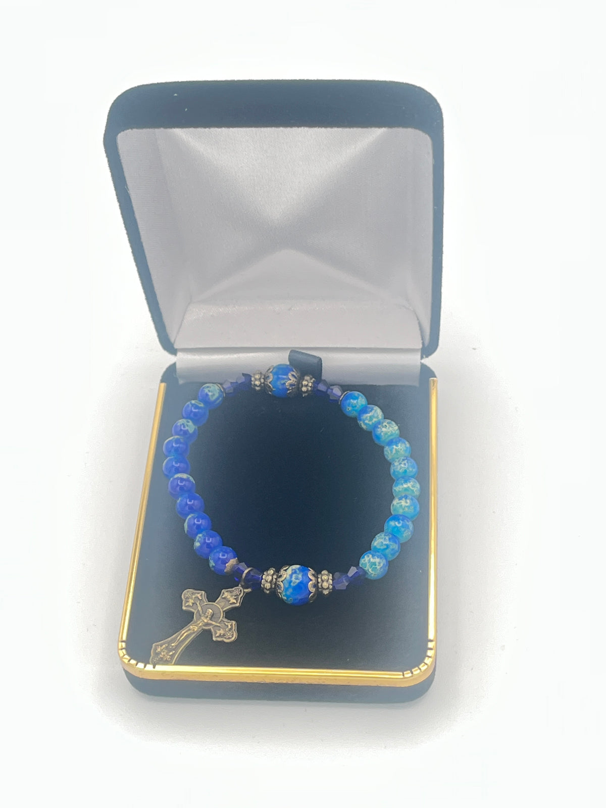 Blue Marble and Glass Antique Crucifix Stretch Bracelet - JMJs Catholic Store, Inc