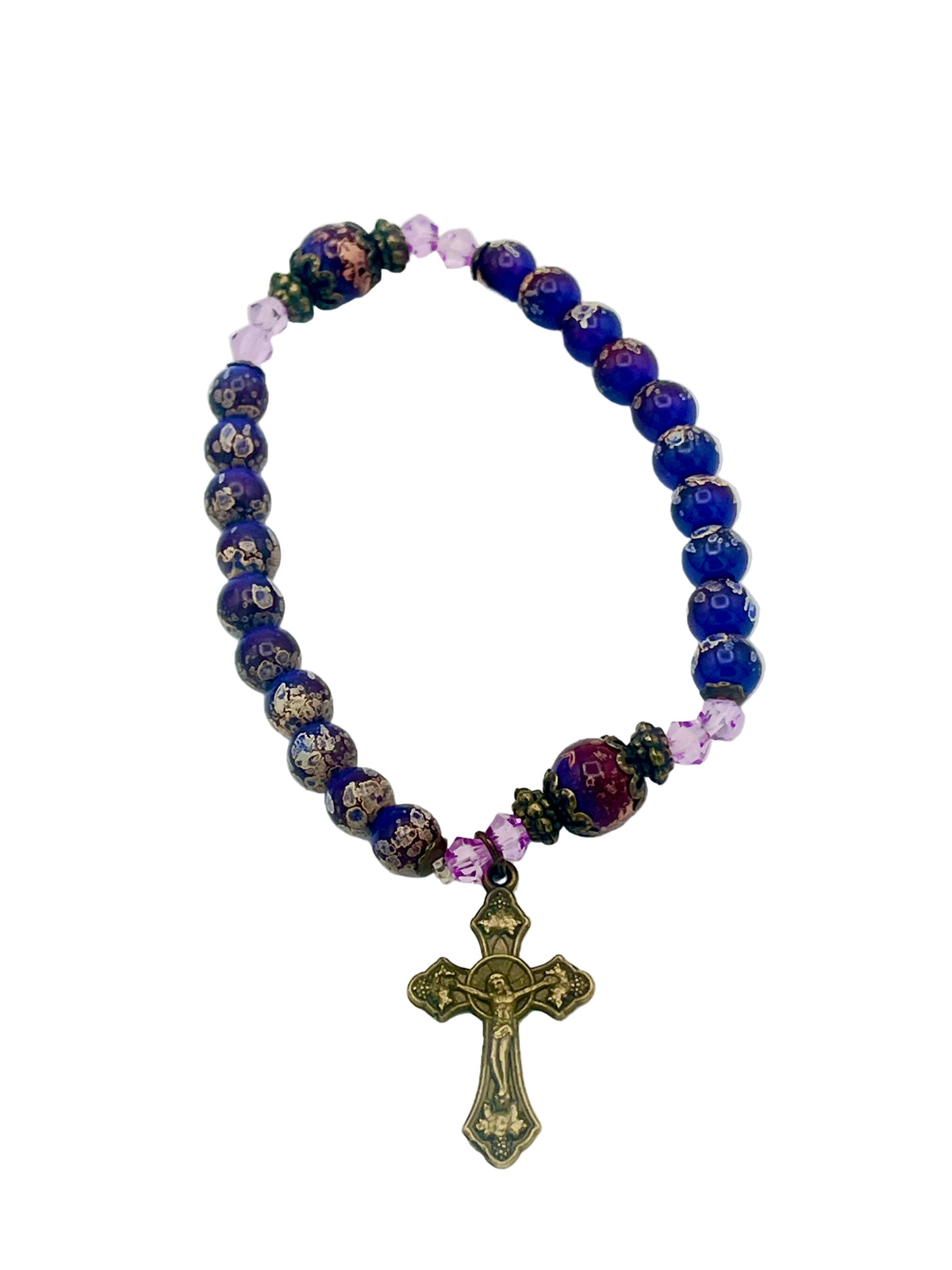 Purple Marble and Glass Antique Crucifix Stretch Bracelet - JMJs Catholic Store, Inc